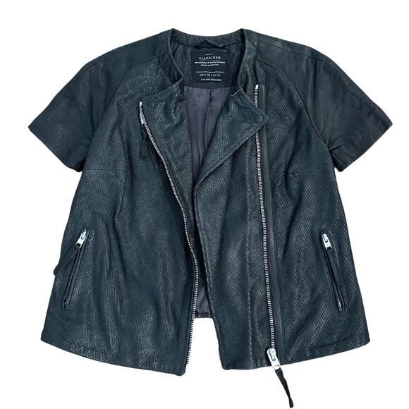 ALLSAINTS Short-Sleeve Moto Zip Front Leather Jacket I 2 - Picture 3 of 8